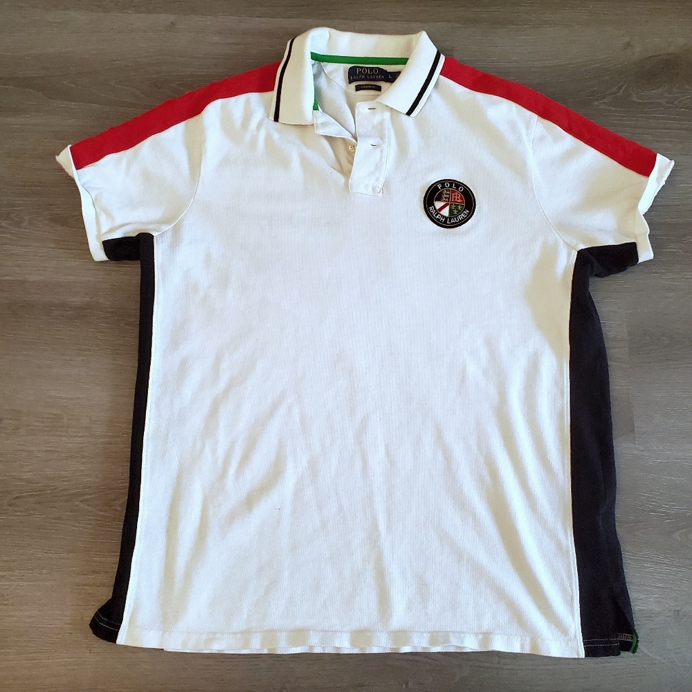 Polo Ralph Lauren White Polo Big Seal Custom Fit Mens Large Red Black